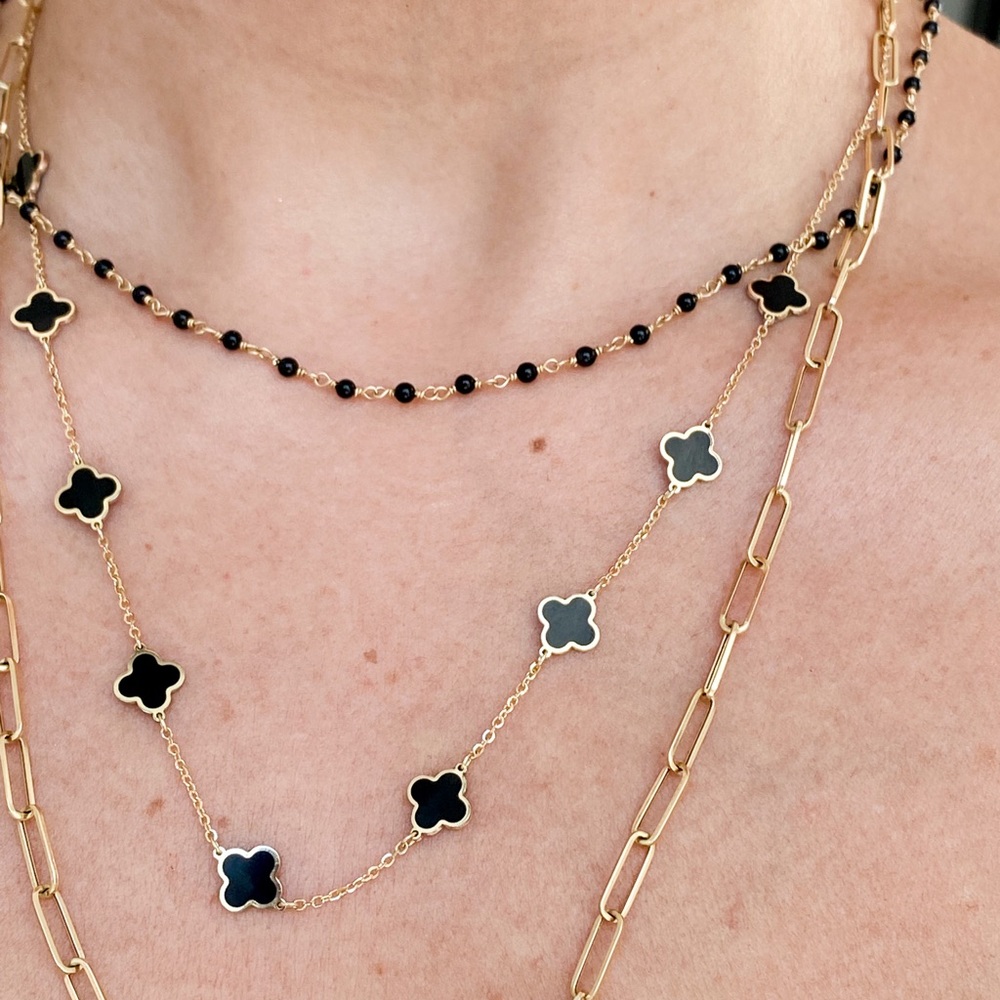 14K Yellow Gold Onyx Clover Station Necklace - Picture 9 of 9